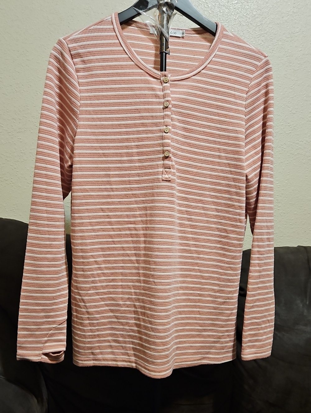 Michelle Mae Pink and White Striped Long-Sleeve Henley Top